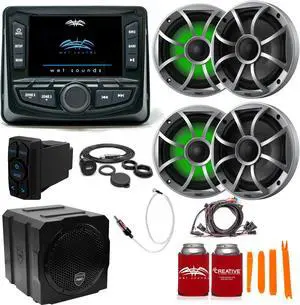 Wet Sounds Ultimate Golf Cart Audio Bundle, Radio, 4-RGB Silver Grill 6.5" Speakers, 8" powered sub, Wiring Kit
