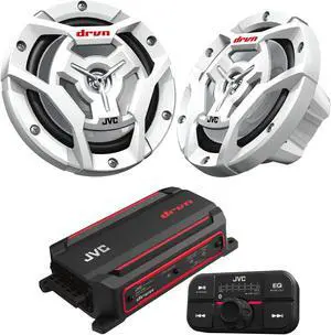 JVC KS-DR2104DBT Bluetooth 4-Channel Compact Digital Amplifier 50W RMS x 4 @ 4 ohms with 2 Pairs CS-DR6201MW 6.5" Marine Speakers w/ White Grills for Car, Marine, UTV and Motorcycle