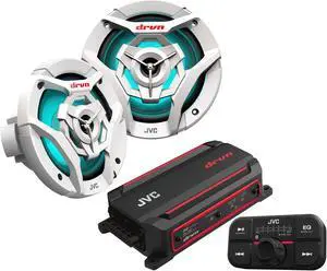 JVC KS-DR2104DBT Bluetooth 4-Channel Compact Digital Amplifier 50W RMS x 4 @ 4 ohms with 2 Pairs CS-DR621MWL 6.5" Marine Speakers w/ White Grills and LED lighting for Car, Marine, UTV and Motorcycle