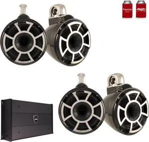 Wet Sounds Two Pairs of Black REV 10 Fixed Clamp Tower Speakers with Wet Sounds SYN-DX-2.3HP 1200 Watt Amplifier