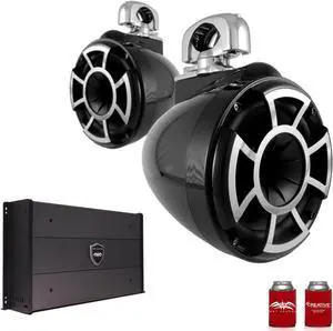 Wet Sounds REV8B-SMINI 8" Black Tower Speakers with Stainless Steel Swivel Mini Clamps & SYN-DX2.3 1200 Watt Amplifier