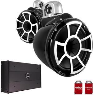 Wet Sounds REV10B-FC 10" Black Tower Speakers with Stainless Steel Fixed Clamps & SYN-DX2.3 1200 Watt Amplifier