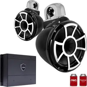 Wet Sounds REV10B-FC-SA 10" Black Tower Speakers with Silver Aluminum Fixed Clamps & SYN-DX4 800 Watt Amplifier