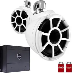 Wet Sounds REV10W-SC 10" White Tower Speakers with Stainless Steel Swivel Clamps & SYN-DX4 800 Watt Amplifier