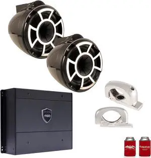 Wet Sounds REV8B-FC 8" Black Tower Speakers with Stainless Steel Fixed Clamps & SYN-DX2 750 Watt Amplifier