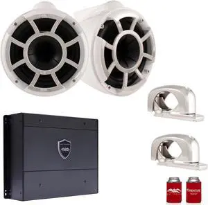 Wet Sounds REV8W-SC 8" White Tower Speakers with Stainless Steel Swivel Clamps & SYN-DX2 750 Watt Amplifier