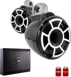 Wet Sounds REV8B-FC-SA 8" Black Tower Speakers with Silver Aluminum Fixed Clamps & SDX2 1250 Watt Amplifier