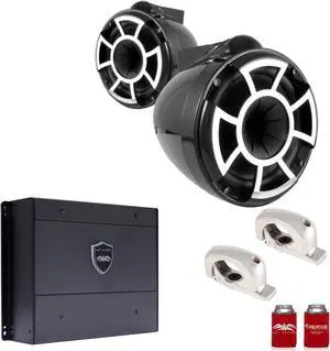 Wet Sounds REV8B-FMINI 8" Black Tower Speakers with Stainless Steel Fixed Mini Clamps & SYN-DX2 750 Watt Amplifier