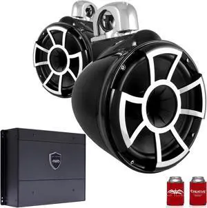 Wet Sounds REV10B-FC 10" Black Tower Speakers with Stainless Steel Fixed Clamps & SYN-DX4 800 Watt Amplifier