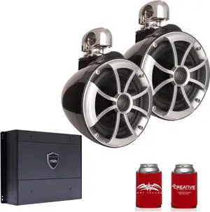 Wet Sounds ICON8B-SC 8" Black Tower Speakers with Stainless Steel Swivel Clamps & SYN-DX2 750 Watt Amplifier