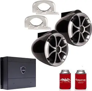 Wet Sounds ICON8B-FMINI 8" Black Tower Speakers with Stainless Steel MINI Fixed Clamps & SYN-DX2 750 Watt Amplifier