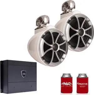 Wet Sounds ICON8W-SC 8" White Tower Speakers with Stainless Steel Swivel Clamps & SYN-DX2 750 Watt Amplifier