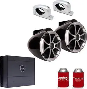 Wet Sounds ICON8B-FC-SA 8" Black Tower Speakers with Silver Aluminum Fixed Clamps & SYN-DX2 750 Watt Amplifier