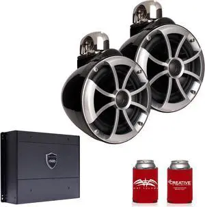 Wet Sounds ICON8B-FC 8" Black Tower Speakers with Stainless Steel Fixed Clamps & SYN-DX2 750 Watt Amplifier