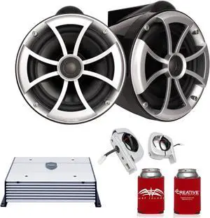Wet Sounds ICON8B-FC-SA 8" Black Tower Speakers with Silver Aluminum Fixed Clamps & HTX2 600 Watt Amplifier