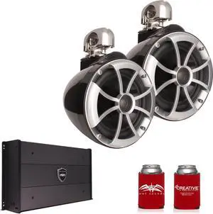 Wet Sounds ICON8B-SC 8" Black Tower Speakers with Stainless Steel Swivel Clamps & SYN-DX2.3 1200 Watt Amplifier