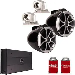 Wet Sounds ICON8B-SMINI 8" Black Tower Speakers with Stainless Steel MINI Swivel Clamps & SYN-DX2.3 1200 Watt Amplifier