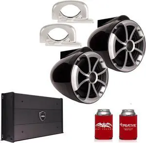 Wet Sounds ICON8B-FMINI 8" Black Tower Speakers with Stainless Steel MINI Fixed Clamps & SYN-DX2.3 1200 Watt Amplifier