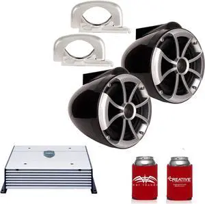 Wet Sounds ICON8B-FMINI 8" Black Tower Speakers with Stainless Steel MINI Fixed Clamps & HTX2 600 Watt Amplifier