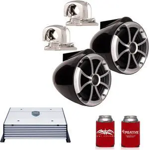 Wet Sounds ICON8B-SMINI 8" Black Tower Speakers with Stainless Steel MINI Swivel Clamps & HTX2 600 Watt Amplifier