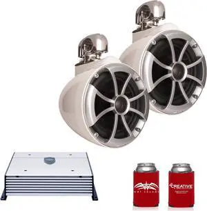 Wet Sounds ICON8W-SC 8" White Tower Speakers with Stainless Steel Swivel Clamps & HTX2 600 Watt Amplifier