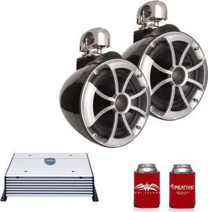 Wet Sounds ICON8B-SC 8" Black Tower Speakers with Stainless Steel Swivel Clamps & HTX2 600 Watt Amplifier