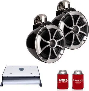Wet Sounds ICON8B-FC 8" Black Tower Speakers with Stainless Steel Fixed Clamps & HTX2 600 Watt Amplifier