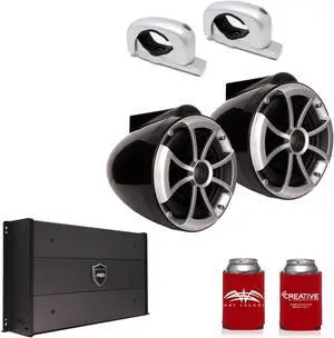 Wet Sounds ICON8B-FC-SA 8" Black Tower Speakers with Silver Aluminum Fixed Clamps & SYN-DX2.3 1200 Watt Amplifier