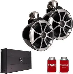 Wet Sounds ICON8B-FC 8" Black Tower Speakers with Stainless Steel Fixed Clamps & SYN-DX2.3 1200 Watt Amplifier