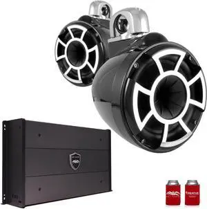 Wet Sounds REV8B-SC 8" Black Tower Speakers with Stainless Steel Swivel Clamps & SYN-DX2.3 1200 Watt Amplifier