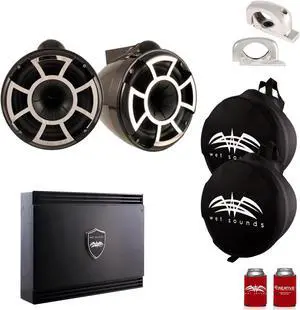 Wet Sounds Black REV 10 Fixed Clamp Tower Speakers with Wet Sounds SDX2 1250 Watt Amplifier & Suitz Speaker Covers