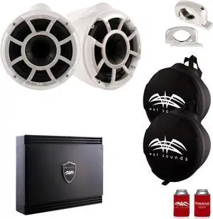 Wet Sounds White REV 10 Fixed Clamp Tower Speakers with Wet Sounds SDX2 1250 Watt Amplifier & Suitz Speaker Covers