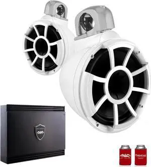 Wet Sounds REV10W-FC-SA 10" White Tower Speakers with Silver Aluminum Fixed Clamps & SDX2 1250 Watt Amplifier