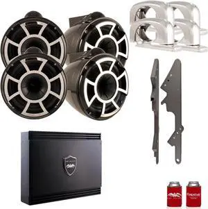 Wet Sounds For Malibu G3: Two Pairs of REV10B-SC 10" Black Swivel Tower Speakers with G3 Adapters & SDX2 Amplifier