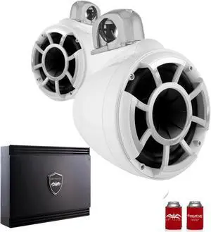 Wet Sounds REV8W-FC-SA 8" White Tower Speakers with Silver Aluminum Fixed Clamps & SDX2 1250 Watt Amplifier