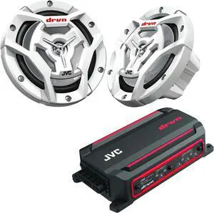 JVC KS-DR2004D 4-Channel Compact Digital Amplifier 50W RMS x 4 @ 4 ohms with 2 Pairs CS-DR6201MW 6.5" Marine Speakers w/ White Grills for Car, Marine, UTV and Motorcycle