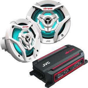 JVC KS-DR2004D 4-Channel Compact Digital Amplifier 50W RMS x 4 @ 4 ohms with 2 Pairs CS-DR621MWL 6.5" Marine Speakers w/ White Grills and LED lighting for Car, Marine, UTV and Motorcycle