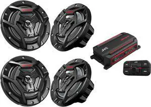 JVC KS-DR2104DBT Bluetooth 4-Channel Compact Digital Amplifier 50W RMS x 4 @ 4 ohms with 2 Pairs CS-DR6200M 6.5" Marine Speakers w/ Black Grills for Car, Marine, UTV and Motorcycle
