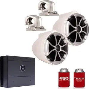 Wet Sounds ICON8W-SMINI 8" White Tower Speakers with Stainless Steel MINI Swivel Clamps & SYN-DX2 750 Watt Amplifier