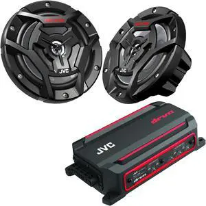 JVC KS-DR2004D 4-Channel Compact Digital Amplifier 50W RMS x 4 @ 4 ohms with 2 Pairs CS-DR6200M 6.5" Marine Speakers w/ Black Grills for Car, Marine, UTV and Motorcycle