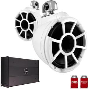 Wet Sounds REV10W-SMINI 10" White Tower Speakers with Stainless Steel Swivel Mini Clamps & SYN-DX2.3 1200 Watt Amplifier