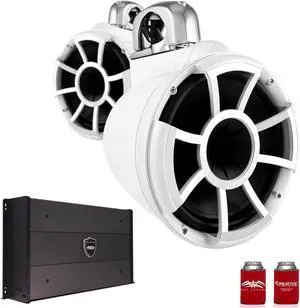 Wet Sounds REV10W-FC 10" White Tower Speakers with Stainless Steel Fixed Clamps & SYN-DX2.3 1200 Watt Amplifier