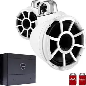 Wet Sounds REV10W-FC 10" White Tower Speakers with Stainless Steel Fixed Clamps & SYN-DX4 800 Watt Amplifier