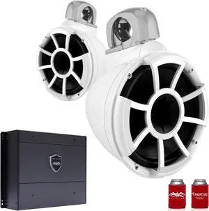 Wet Sounds REV10W-FC-SA 10" White Tower Speakers with Silver Aluminum Fixed Clamps & SYN-DX4 800 Watt Amplifier