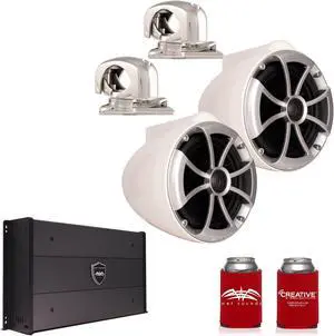 Wet Sounds ICON8W-SMINI 8" White Tower Speakers with Stainless Steel MINI Swivel Clamps & SYN-DX2.3 1200 Watt Amplifier