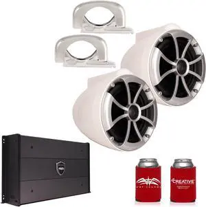 Wet Sounds ICON8W-FMINI 8" White Tower Speakers with Stainless Steel MINI Fixed Clamps & SYN-DX2.3 1200 Watt Amplifier