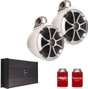 Wet Sounds ICON8W-FC 8" White Tower Speakers with Stainless Steel Fixed Clamps & SYN-DX2.3 1200 Watt Amplifier