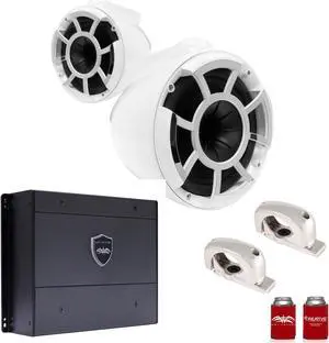 Wet Sounds REV8W-FMINI 8" White Tower Speakers with Stainless Steel Fixed Mini Clamps & SYN-DX2 750 Watt Amplifier
