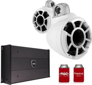 Wet Sounds REV8W-FC-SA 8" White Tower Speakers with  Silver Aluminum Fixed Clamps & SYN-DX2.3 1200 Watt Amplifier