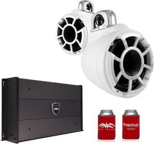 Wet Sounds REV8W-FMINI 8" White Tower Speakers with Stainless Steel Fixed Mini Clamps & SYN-DX2.3 1200 Watt Amplifier